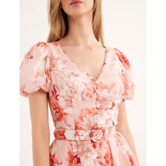 REVIEW 'Sweet Peach' Pink Floral Puff Sleeve Linen Blend Mini Dress Plus Size 16 - Picture 3 of 13